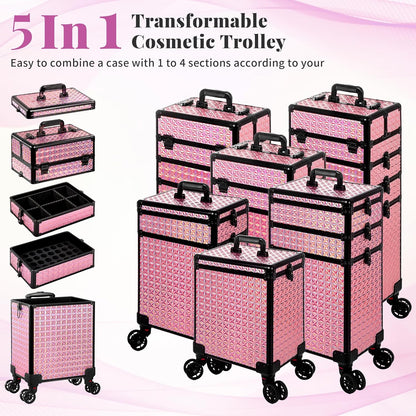 5 in 1 Rolling Makeup Train Case Cosmetology Case on Wheels Large Cosmetic Organizer Travel Cart for Hairstylist Artist Nail Beauty Salon Barber,White
