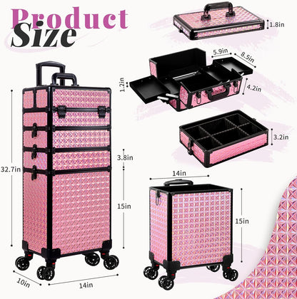 5 in 1 Rolling Makeup Train Case Cosmetology Case on Wheels Large Cosmetic Organizer Travel Cart for Hairstylist Artist Nail Beauty Salon Barber,White