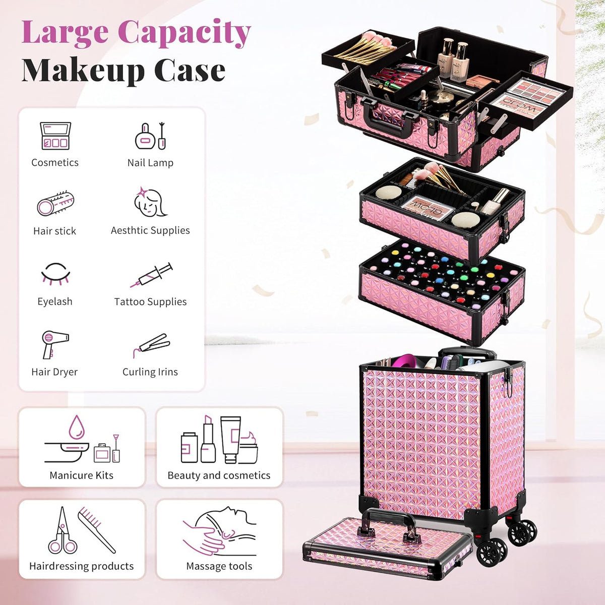 5 in 1 Rolling Makeup Train Case Cosmetology Case on Wheels Large Cosmetic Organizer Travel Cart for Hairstylist Artist Nail Beauty Salon Barber,White