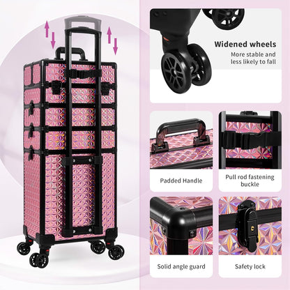 5 in 1 Rolling Makeup Train Case Cosmetology Case on Wheels Large Cosmetic Organizer Travel Cart for Hairstylist Artist Nail Beauty Salon Barber,White