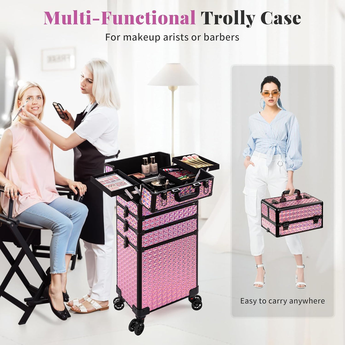 5 in 1 Rolling Makeup Train Case Cosmetology Case on Wheels Large Cosmetic Organizer Travel Cart for Hairstylist Artist Nail Beauty Salon Barber,White