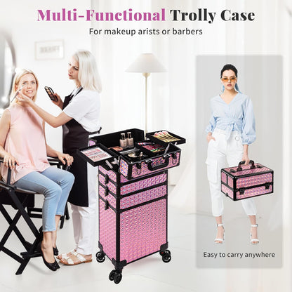 5 in 1 Rolling Makeup Train Case Cosmetology Case on Wheels Large Cosmetic Organizer Travel Cart for Hairstylist Artist Nail Beauty Salon Barber,White