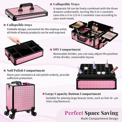 5 in 1 Rolling Makeup Train Case Cosmetology Case on Wheels Large Cosmetic Organizer Travel Cart for Hairstylist Artist Nail Beauty Salon Barber,White