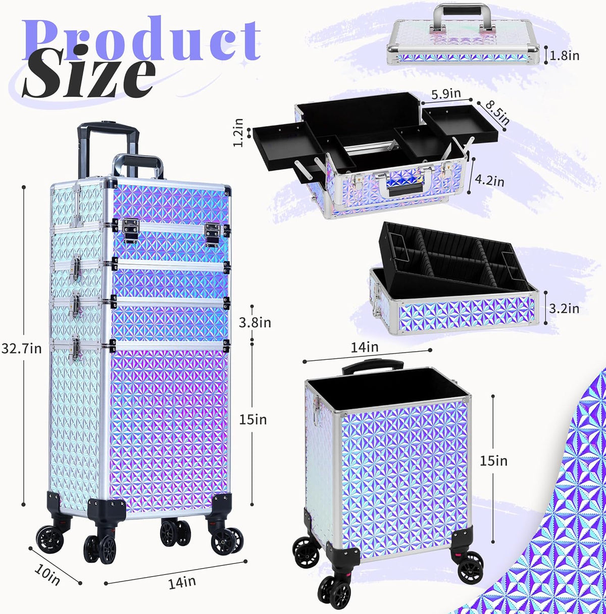 5 in 1 Rolling Makeup Train Case Cosmetology Case on Wheels Large Cosmetic Organizer Travel Cart for Hairstylist Artist Nail Beauty Salon Barber,White