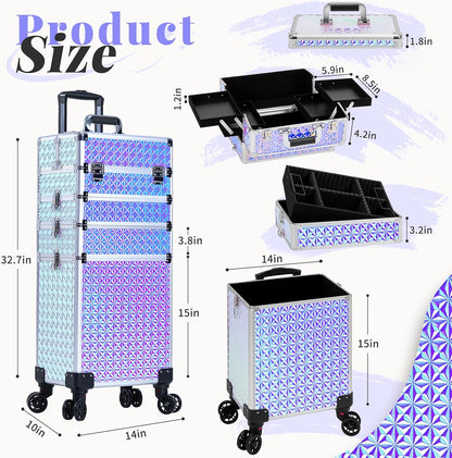 5 in 1 Rolling Makeup Train Case Cosmetology Case on Wheels Large Cosmetic Organizer Travel Cart for Hairstylist Artist Nail Beauty Salon Barber,White