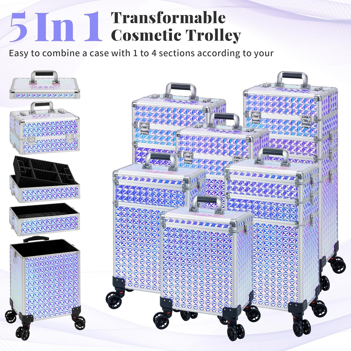 5 in 1 Rolling Makeup Train Case Cosmetology Case on Wheels Large Cosmetic Organizer Travel Cart for Hairstylist Artist Nail Beauty Salon Barber,White
