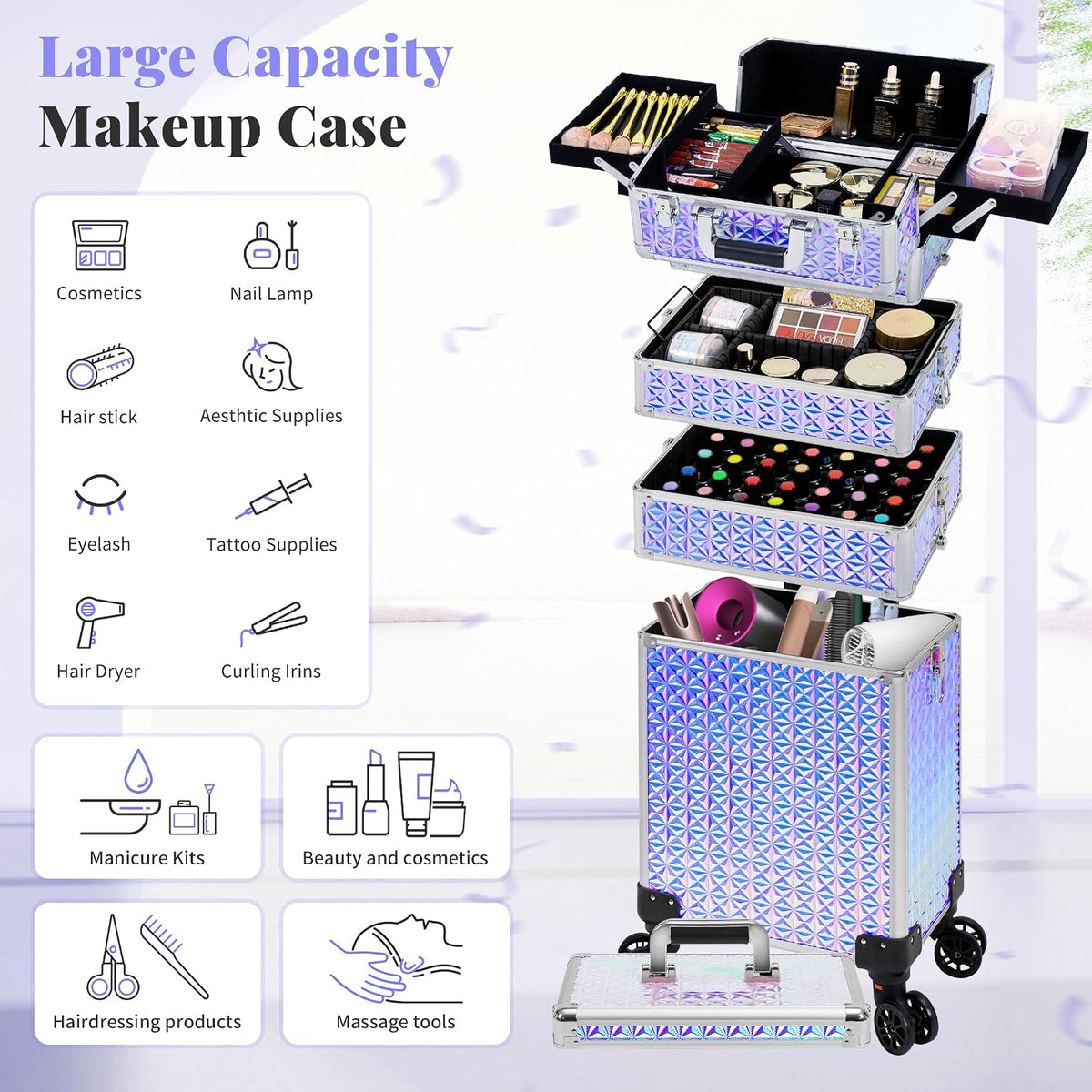 5 in 1 Rolling Makeup Train Case Cosmetology Case on Wheels Large Cosmetic Organizer Travel Cart for Hairstylist Artist Nail Beauty Salon Barber,White