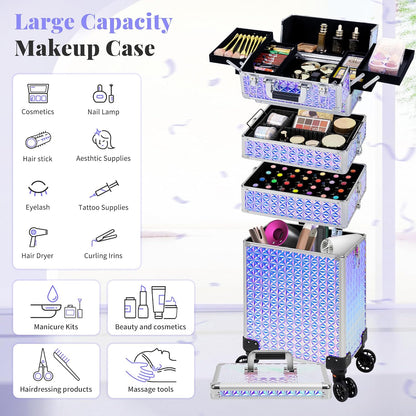 5 in 1 Rolling Makeup Train Case Cosmetology Case on Wheels Large Cosmetic Organizer Travel Cart for Hairstylist Artist Nail Beauty Salon Barber,White