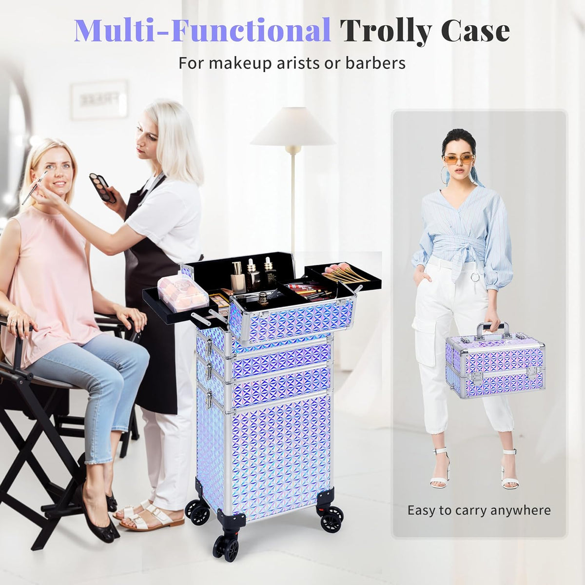 5 in 1 Rolling Makeup Train Case Cosmetology Case on Wheels Large Cosmetic Organizer Travel Cart for Hairstylist Artist Nail Beauty Salon Barber,White