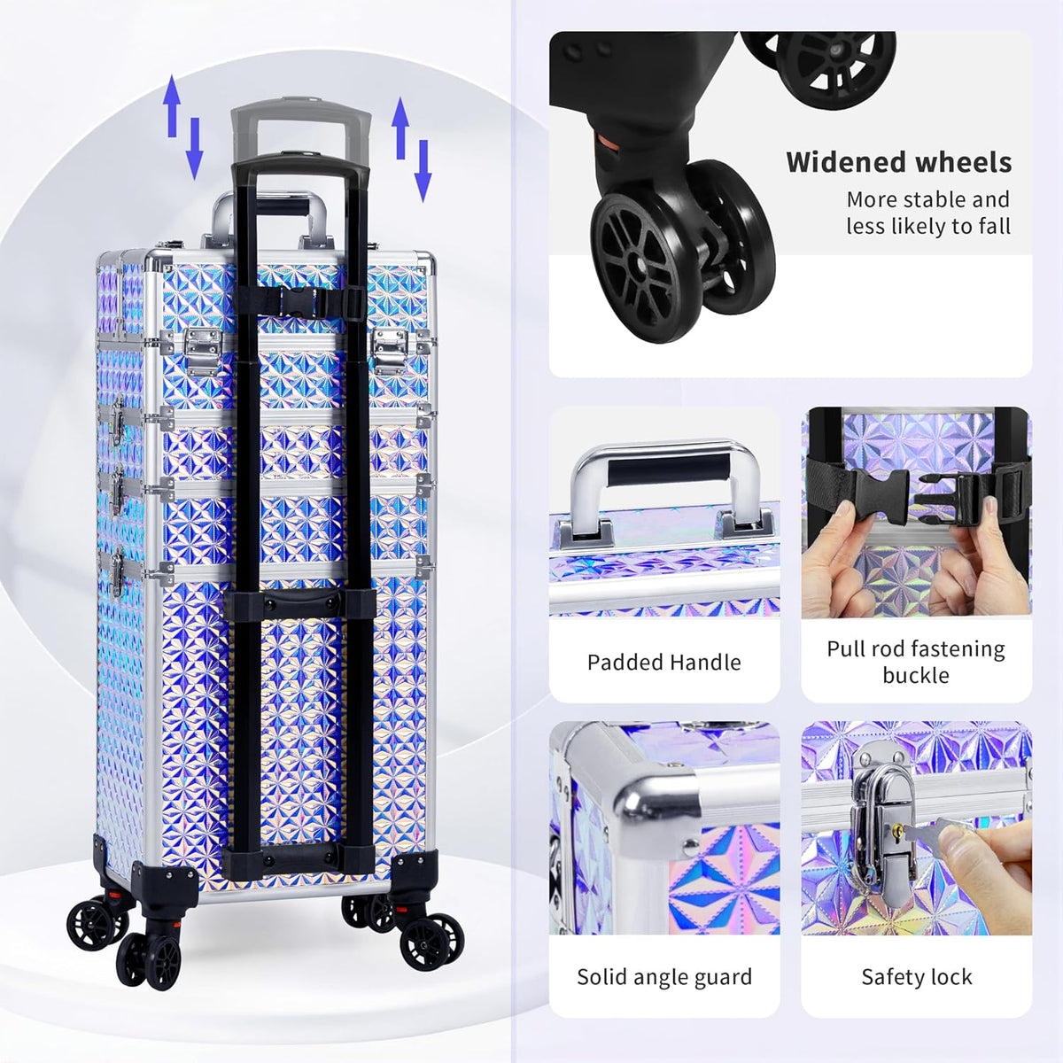 5 in 1 Rolling Makeup Train Case Cosmetology Case on Wheels Large Cosmetic Organizer Travel Cart for Hairstylist Artist Nail Beauty Salon Barber,White