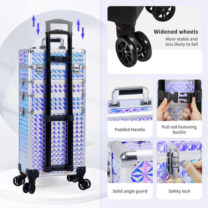 5 in 1 Rolling Makeup Train Case Cosmetology Case on Wheels Large Cosmetic Organizer Travel Cart for Hairstylist Artist Nail Beauty Salon Barber,White