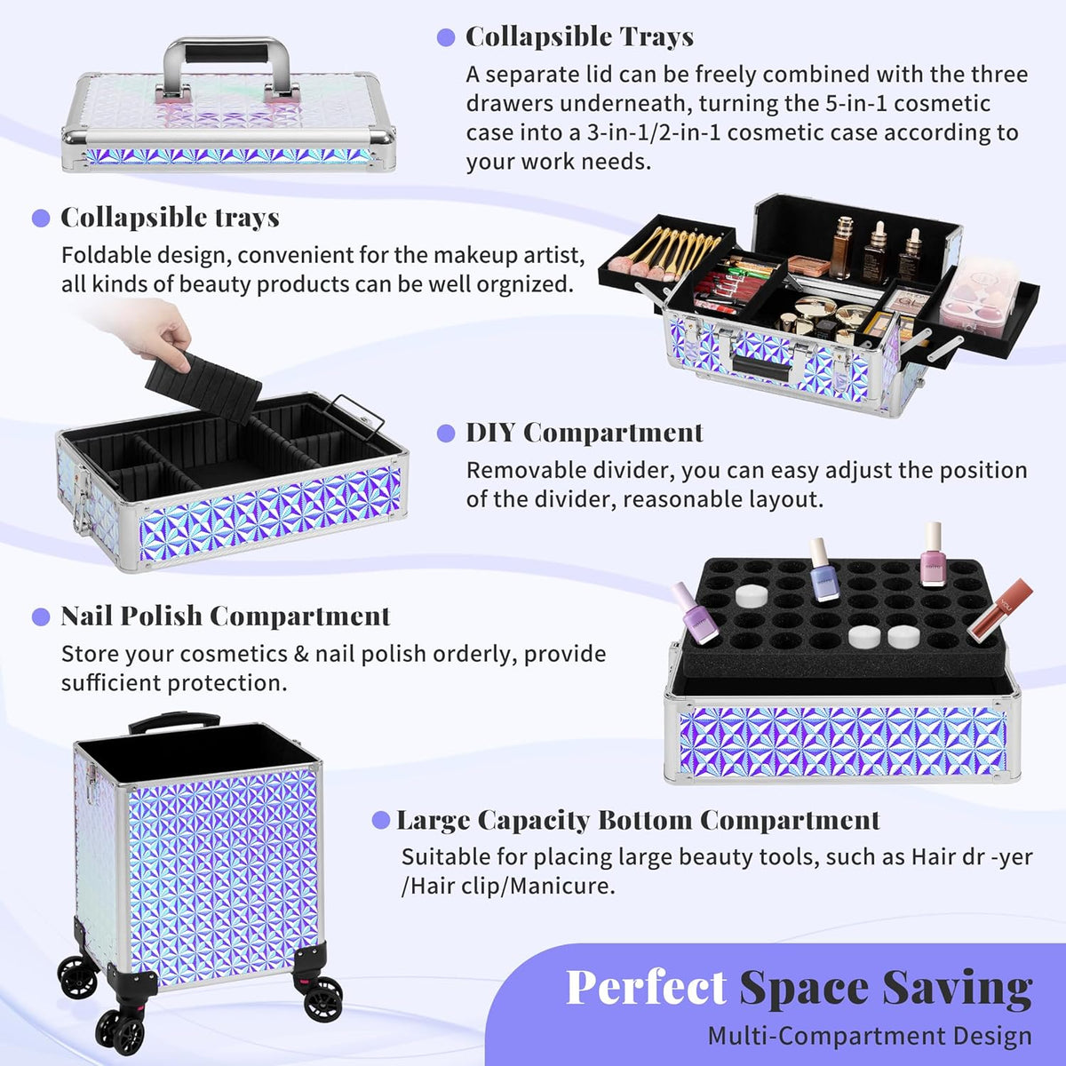 5 in 1 Rolling Makeup Train Case Cosmetology Case on Wheels Large Cosmetic Organizer Travel Cart for Hairstylist Artist Nail Beauty Salon Barber,White