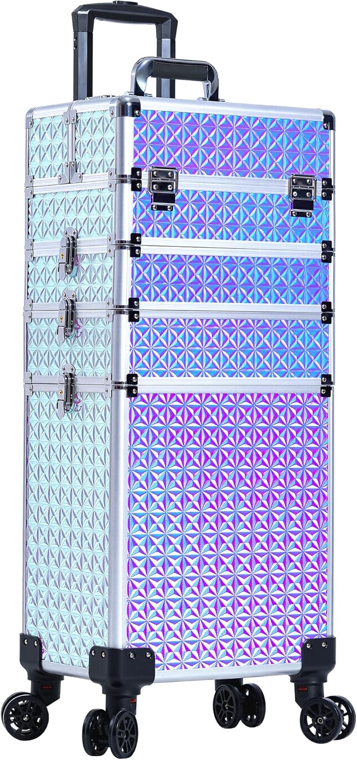 5 in 1 Rolling Makeup Train Case Cosmetology Case on Wheels Large Cosmetic Organizer Travel Cart for Hairstylist Artist Nail Beauty Salon Barber,White