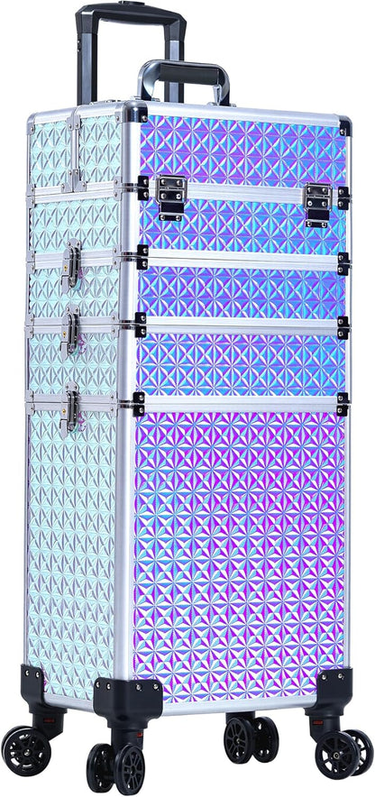 5 in 1 Rolling Makeup Train Case Cosmetology Case on Wheels Large Cosmetic Organizer Travel Cart for Hairstylist Artist Nail Beauty Salon Barber,White