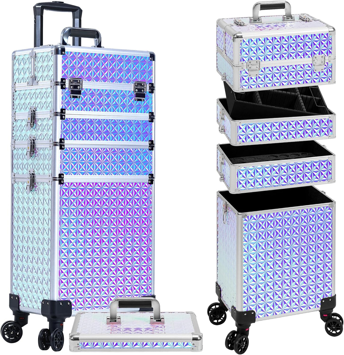 5 in 1 Rolling Makeup Train Case Cosmetology Case on Wheels Large Cosmetic Organizer Travel Cart for Hairstylist Artist Nail Beauty Salon Barber,White