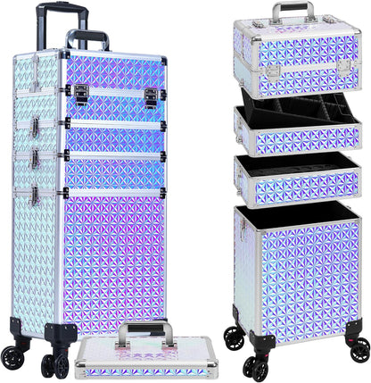 5 in 1 Rolling Makeup Train Case Cosmetology Case on Wheels Large Cosmetic Organizer Travel Cart for Hairstylist Artist Nail Beauty Salon Barber,White