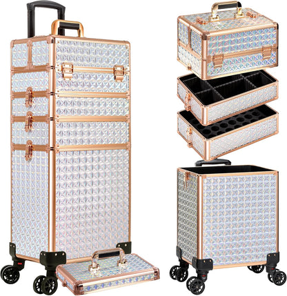 5 in 1 Rolling Makeup Train Case Cosmetology Case on Wheels Large Cosmetic Organizer Travel Cart for Hairstylist Artist Nail Beauty Salon Barber,White