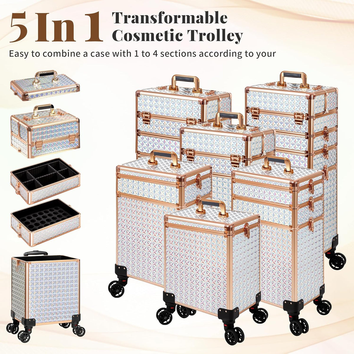 5 in 1 Rolling Makeup Train Case Cosmetology Case on Wheels Large Cosmetic Organizer Travel Cart for Hairstylist Artist Nail Beauty Salon Barber,White
