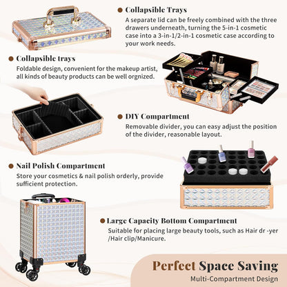 5 in 1 Rolling Makeup Train Case Cosmetology Case on Wheels Large Cosmetic Organizer Travel Cart for Hairstylist Artist Nail Beauty Salon Barber,White