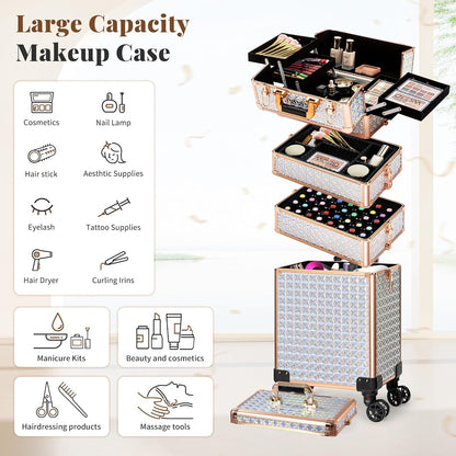 5 in 1 Rolling Makeup Train Case Cosmetology Case on Wheels Large Cosmetic Organizer Travel Cart for Hairstylist Artist Nail Beauty Salon Barber,White