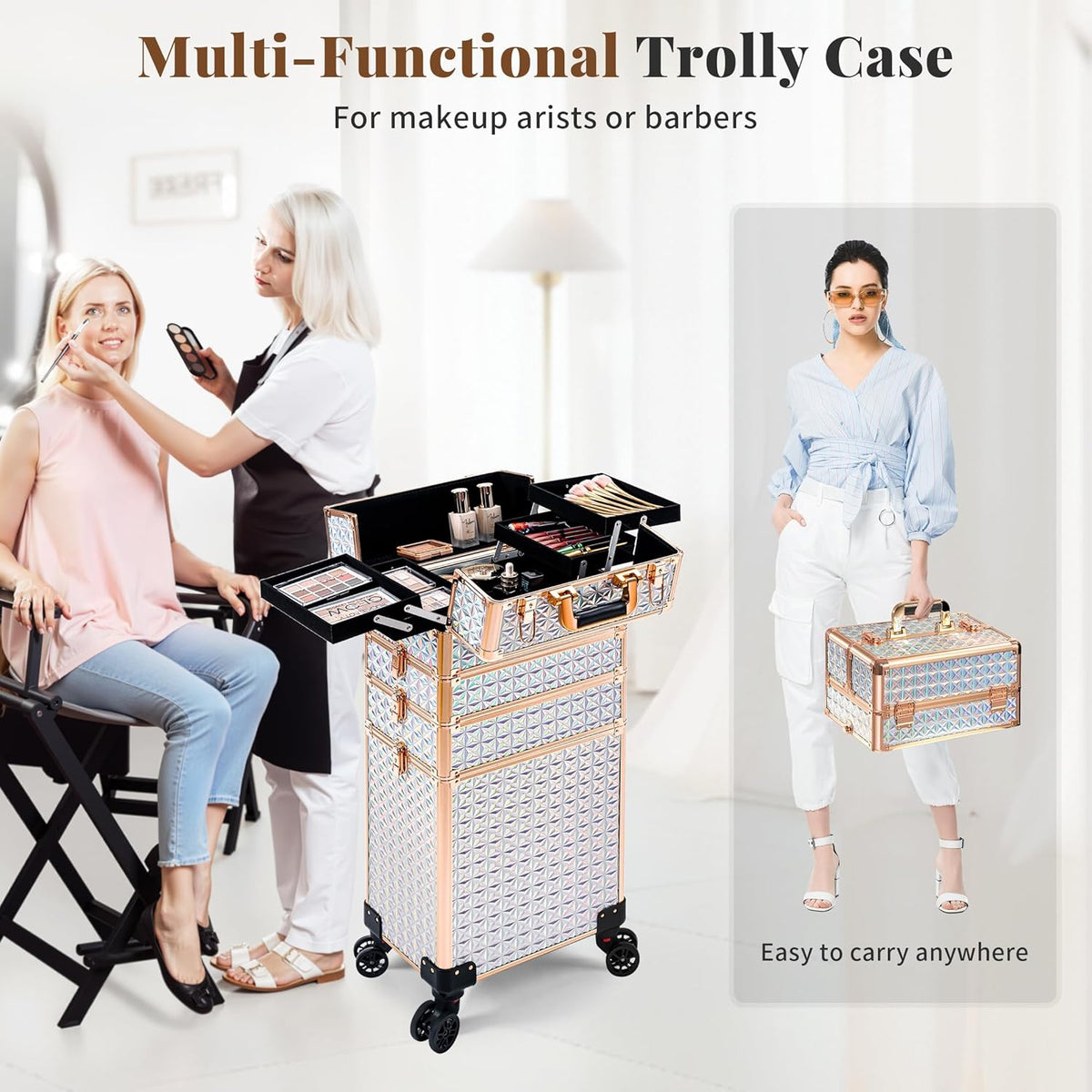 5 in 1 Rolling Makeup Train Case Cosmetology Case on Wheels Large Cosmetic Organizer Travel Cart for Hairstylist Artist Nail Beauty Salon Barber,White