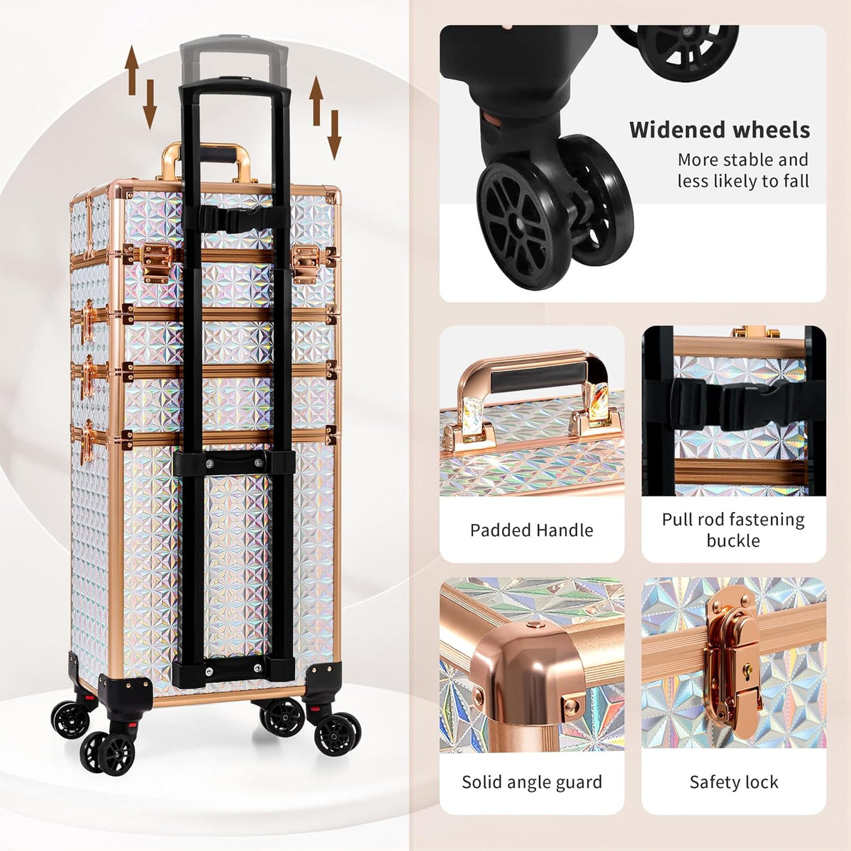 5 in 1 Rolling Makeup Train Case Cosmetology Case on Wheels Large Cosmetic Organizer Travel Cart for Hairstylist Artist Nail Beauty Salon Barber,White