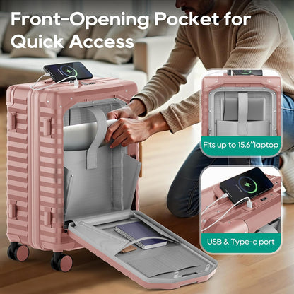 20 Inch Carry on Luggage with Front Pocket, PC Hardshell Carry-on Suitcase with USB Port and Cup Holder, 21.5x14.2x9 Airline Approved, Luggage with Spinner Wheels and TSA Lock (Rosa Gold)