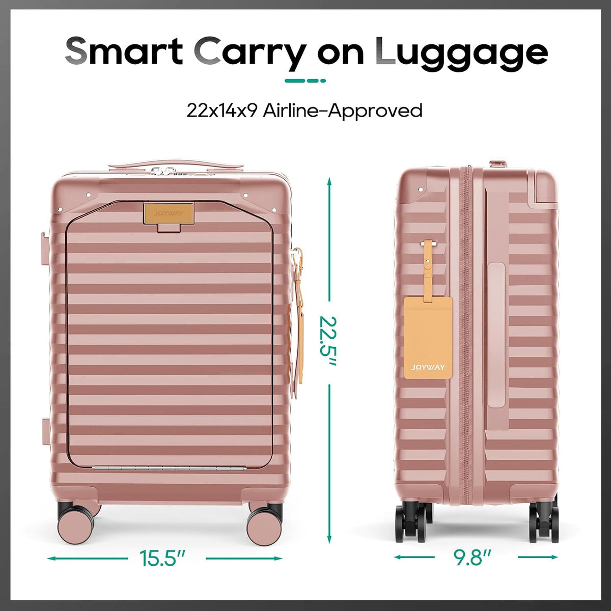 20 Inch Carry on Luggage with Front Pocket, PC Hardshell Carry-on Suitcase with USB Port and Cup Holder, 21.5x14.2x9 Airline Approved, Luggage with Spinner Wheels and TSA Lock (Rosa Gold)