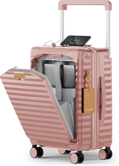20 Inch Carry on Luggage with Front Pocket, PC Hardshell Carry-on Suitcase with USB Port and Cup Holder, 21.5x14.2x9 Airline Approved, Luggage with Spinner Wheels and TSA Lock (Rosa Gold)