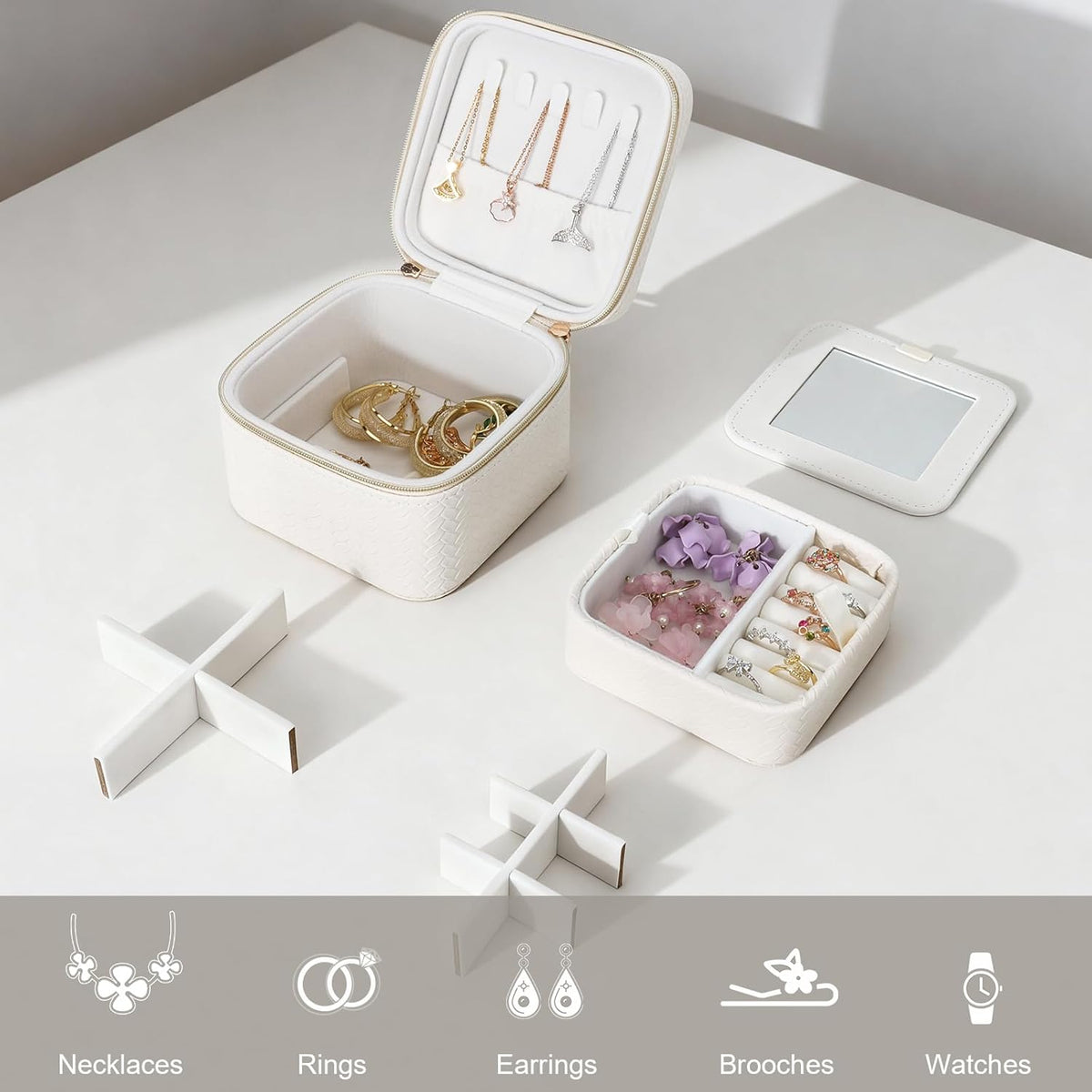 Travel Jewelry Case for Woman, Small Travel Jewelry Box with Mirror,4.72×4.72×3.54 inches,Portable Design Travel Jewelry Organizer,Double Headed Zipper