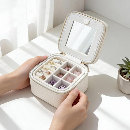 Travel Jewelry Case for Woman, Small Travel Jewelry Box with Mirror,4.72×4.72×3.54 inches,Portable Design Travel Jewelry Organizer,Double Headed Zipper