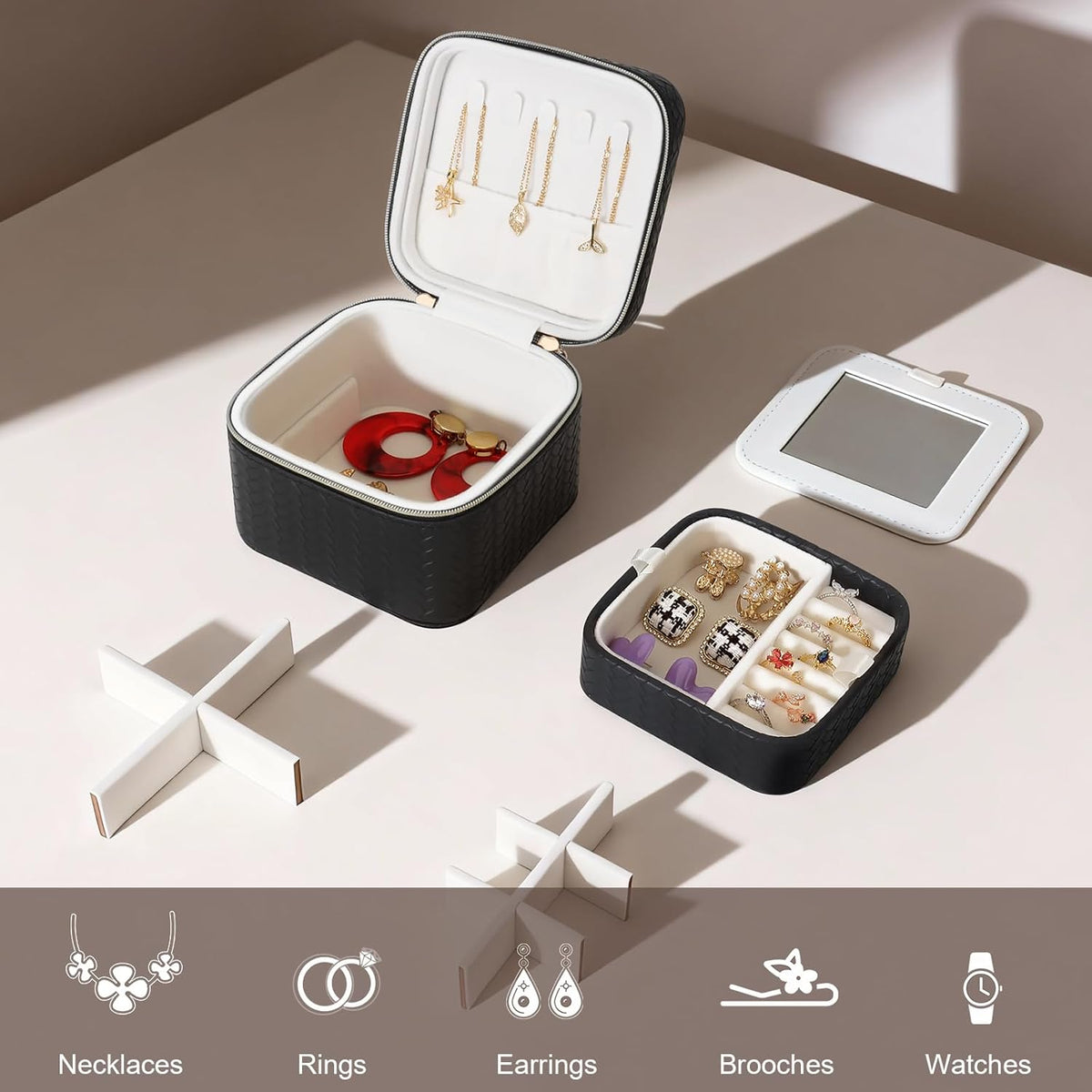 Travel Jewelry Case for Woman, Small Travel Jewelry Box with Mirror,4.72×4.72×3.54 inches,Portable Design Travel Jewelry Organizer,Double Headed Zipper