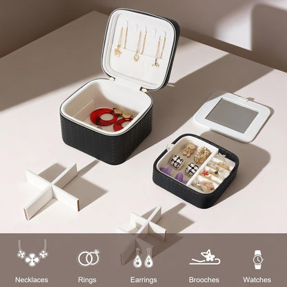 Travel Jewelry Case for Woman, Small Travel Jewelry Box with Mirror,4.72×4.72×3.54 inches,Portable Design Travel Jewelry Organizer,Double Headed Zipper