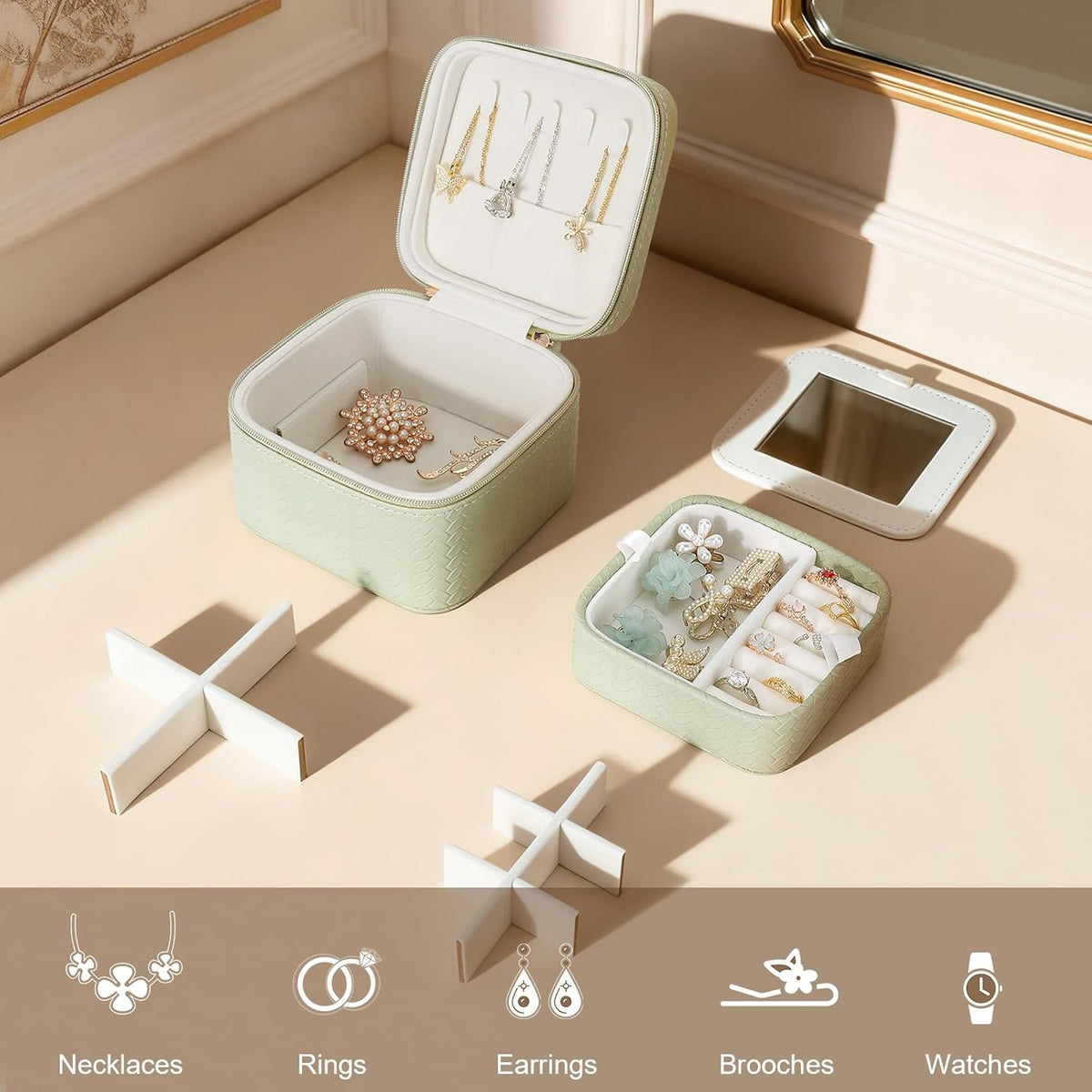 Travel Jewelry Case for Woman, Small Travel Jewelry Box with Mirror,4.72×4.72×3.54 inches,Portable Design Travel Jewelry Organizer,Double Headed Zipper