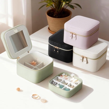 Travel Jewelry Case for Woman, Small Travel Jewelry Box with Mirror,4.72×4.72×3.54 inches,Portable Design Travel Jewelry Organizer,Double Headed Zipper