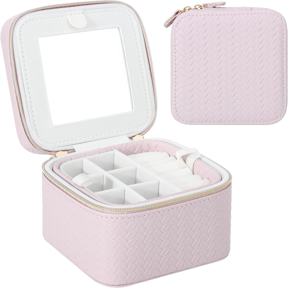 Travel Jewelry Case for Woman, Small Travel Jewelry Box with Mirror,4.72×4.72×3.54 inches,Portable Design Travel Jewelry Organizer,Double Headed Zipper