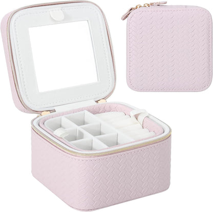 Travel Jewelry Case for Woman, Small Travel Jewelry Box with Mirror,4.72×4.72×3.54 inches,Portable Design Travel Jewelry Organizer,Double Headed Zipper