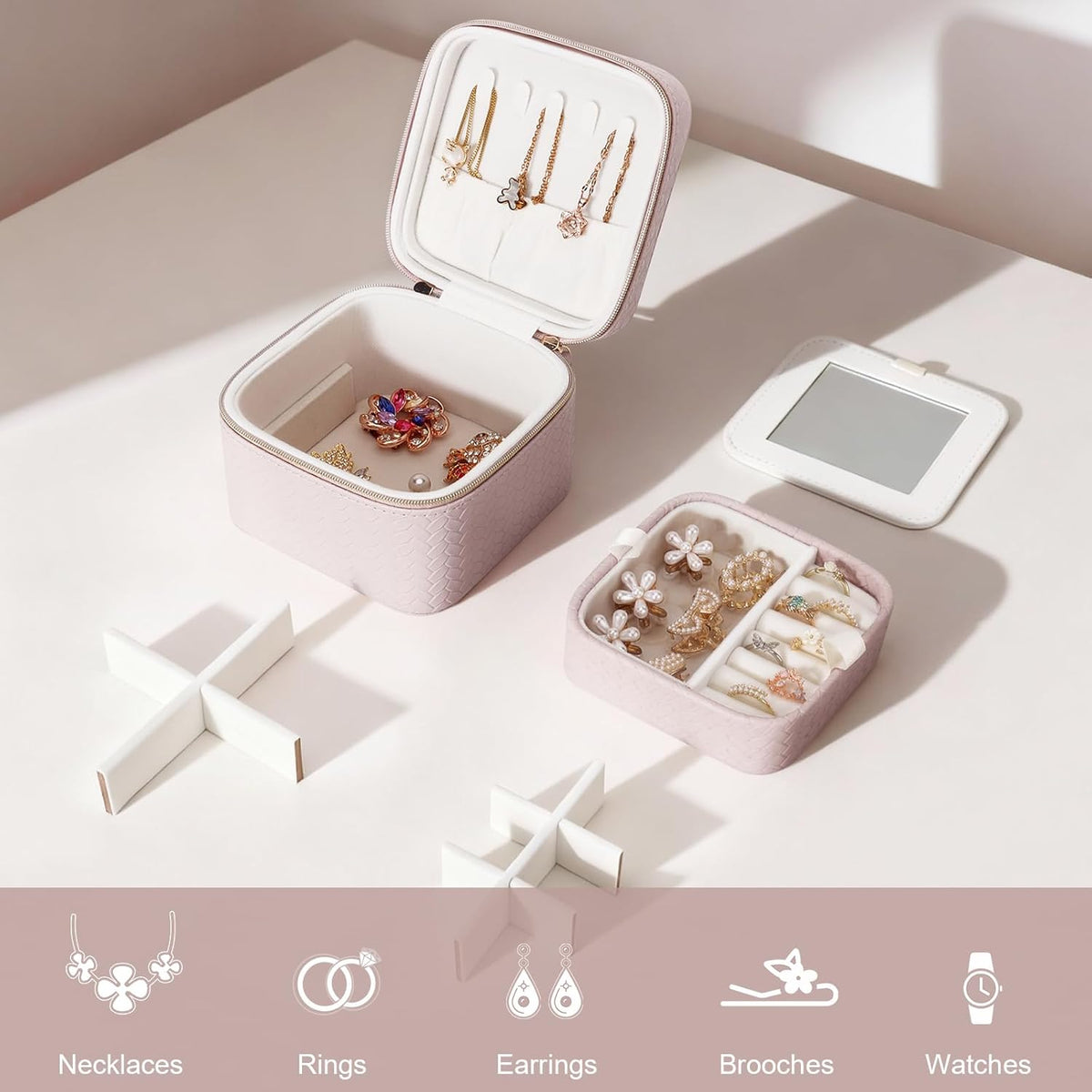 Travel Jewelry Case for Woman, Small Travel Jewelry Box with Mirror,4.72×4.72×3.54 inches,Portable Design Travel Jewelry Organizer,Double Headed Zipper