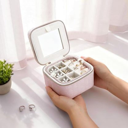 Travel Jewelry Case for Woman, Small Travel Jewelry Box with Mirror,4.72×4.72×3.54 inches,Portable Design Travel Jewelry Organizer,Double Headed Zipper