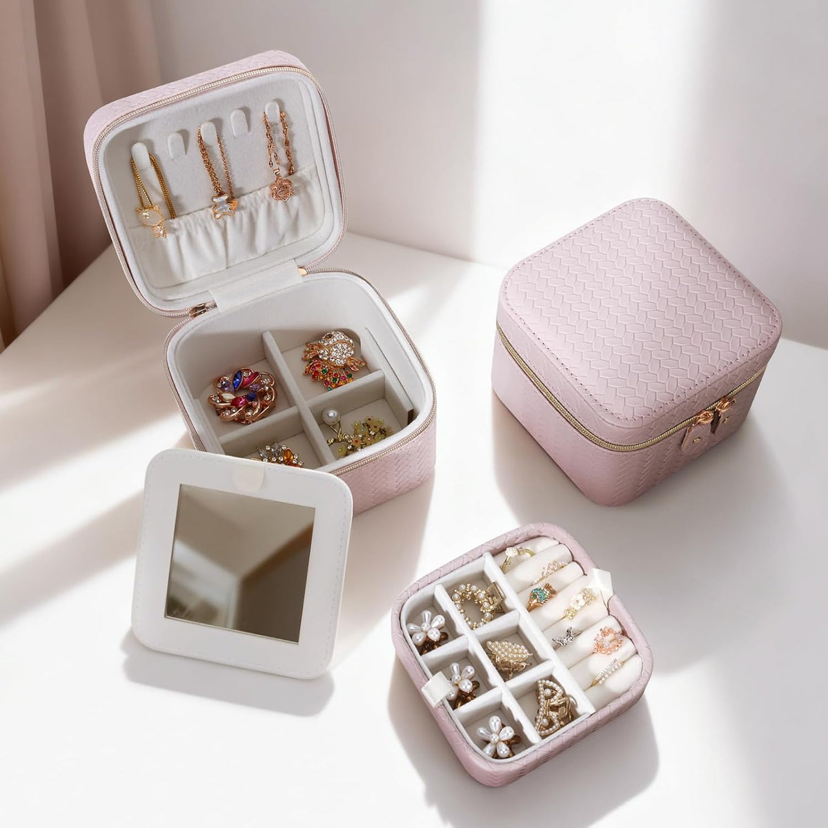 Travel Jewelry Case for Woman, Small Travel Jewelry Box with Mirror,4.72×4.72×3.54 inches,Portable Design Travel Jewelry Organizer,Double Headed Zipper