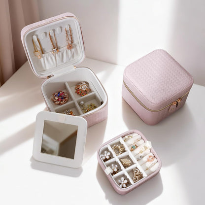 Travel Jewelry Case for Woman, Small Travel Jewelry Box with Mirror,4.72×4.72×3.54 inches,Portable Design Travel Jewelry Organizer,Double Headed Zipper
