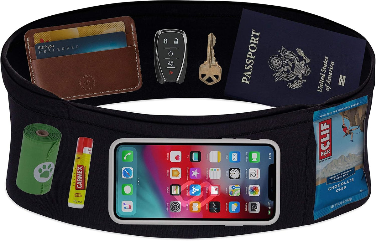 VersaMax Running Belt, Anti-Theft Travel Money Band, Black, S | Secure Stretch Double-Flap Waist Pack Fits All Cell Phones. Pickpocket-Proof Travel Passport Pouch & Medical Device Holder