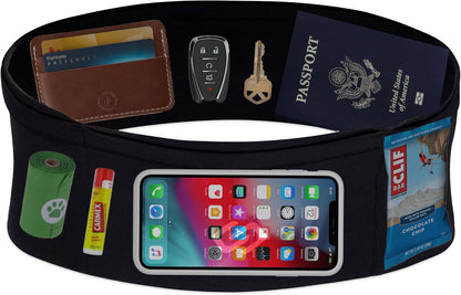 VersaMax Running Belt, Anti-Theft Travel Money Band, Black, S | Secure Stretch Double-Flap Waist Pack Fits All Cell Phones. Pickpocket-Proof Travel Passport Pouch & Medical Device Holder