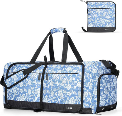 Foldable Travel Duffle Bag for Women, Large Duffel Bag with Separate Shoes Compartments & Straps, Carry On Weekend Bag for Women, Hospital, Overnight (Green Gingham, 80L)