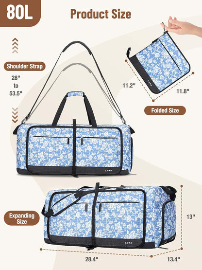 Foldable Travel Duffle Bag for Women, Large Duffel Bag with Separate Shoes Compartments & Straps, Carry On Weekend Bag for Women, Hospital, Overnight (Green Gingham, 80L)