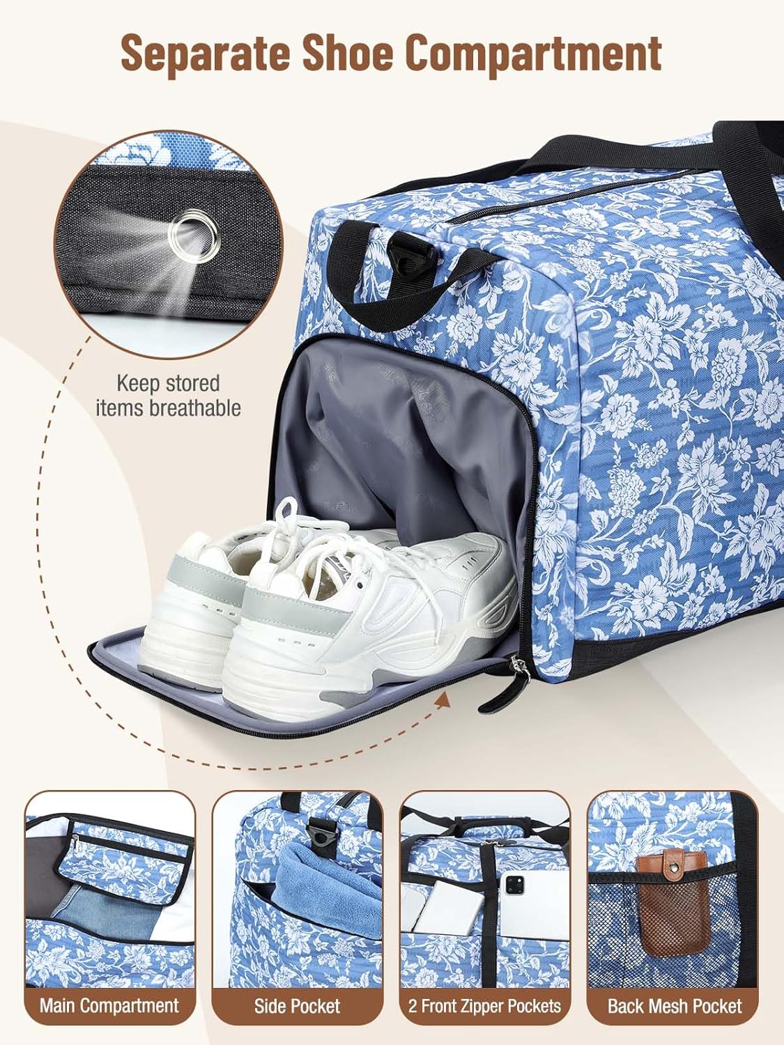 Foldable Travel Duffle Bag for Women, Large Duffel Bag with Separate Shoes Compartments & Straps, Carry On Weekend Bag for Women, Hospital, Overnight (Green Gingham, 80L)
