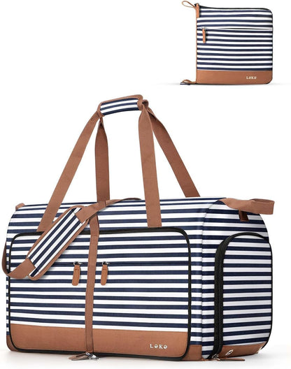 Foldable Travel Duffle Bag for Women, Large Duffel Bag with Separate Shoes Compartments & Straps, Carry On Weekend Bag for Women, Hospital, Overnight (Green Gingham, 80L)