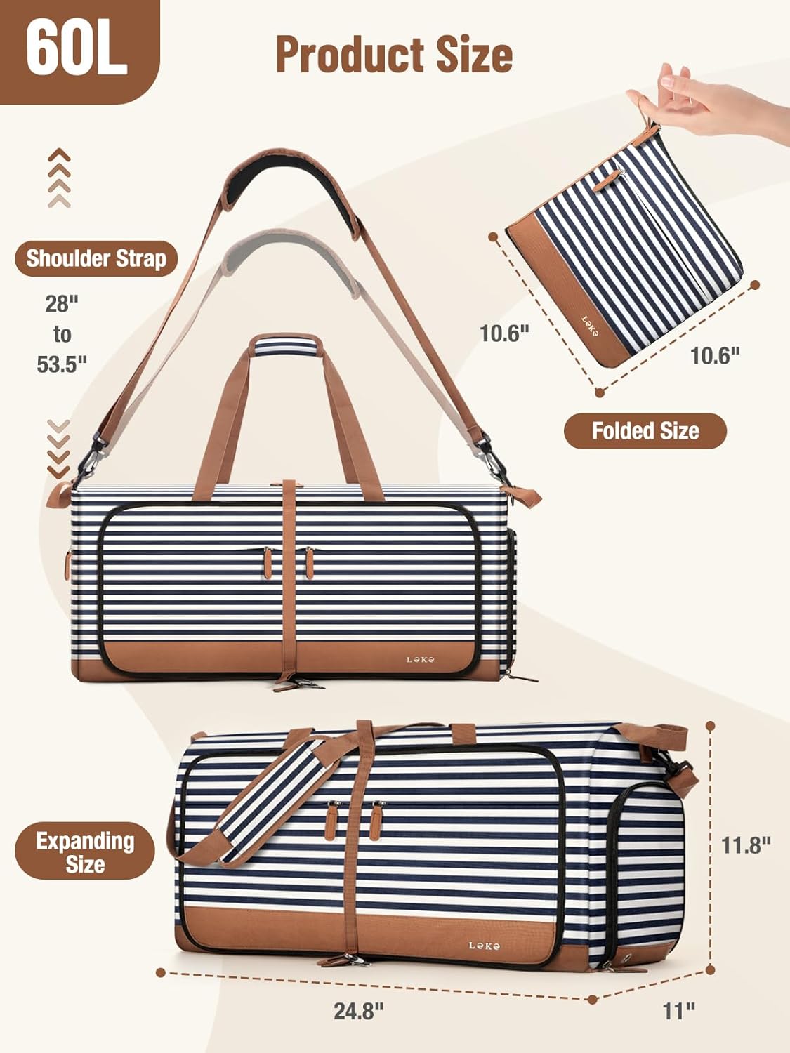 Foldable Travel Duffle Bag for Women, Large Duffel Bag with Separate Shoes Compartments & Straps, Carry On Weekend Bag for Women, Hospital, Overnight (Green Gingham, 80L)