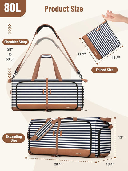 Foldable Travel Duffle Bag for Women, Large Duffel Bag with Separate Shoes Compartments & Straps, Carry On Weekend Bag for Women, Hospital, Overnight (Green Gingham, 80L)