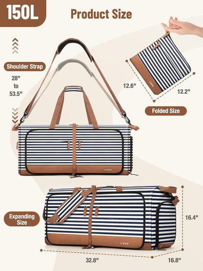 Foldable Travel Duffle Bag for Women, Large Duffel Bag with Separate Shoes Compartments & Straps, Carry On Weekend Bag for Women, Hospital, Overnight (Green Gingham, 80L)
